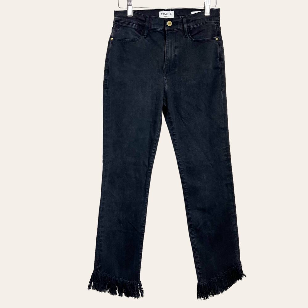 Frame Le High Straight Fringe Hem Noir Black Jeans Size 28 - Picture 2 of 9